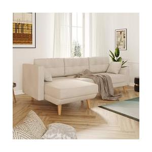 DEGHI Divano letto angolare tre posti in tessuto crema e gambe in legno - Bekal
