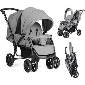 GYMAX Passeggino Gemellare Doppio/Fratelli di Età Diverse, Pieghevole Leggero, Tendalino/Schienale Regolabili, Portata di 15kg+15kg (Grigio, Verticale)