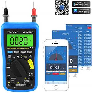 INFURIDER Multimetro Digitale Bluetooth, INFURIDER YF-90EPD Ohm Meter 4000 Conti Autorange Tester Multimetro per AC DC Volt, Amp, Ohm, Cap, Temp, Battery Test con Display LCD