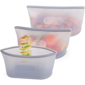 BELLE VOUS 3 Sacchetti Richiudibili - Contenitori per Alimenti in Silicone - Ermetici con Zip - da 750 ml - per Freezer e Microonde - Buste Trasparenti Ermetiche per Congelatore