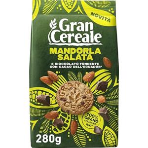 Gran Cereale, Biscotti Gran Cereale alla Mandorla Salata, Biscotti Integrali e Ricchi di Fibre, con Pepite di Cioccolato Fondente e Mandorle Tostate e Salate, 280 g