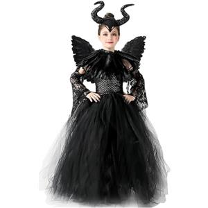KUJAIS Malefica Costume Bambina: Vestito da Regina Strega Cattiva - Maleficent Abito in Tulle Lavorato a Maglia con Corna Ali Nere e Scialle per Halloween Carnevale Cosplay Festa (L (120-135cm))