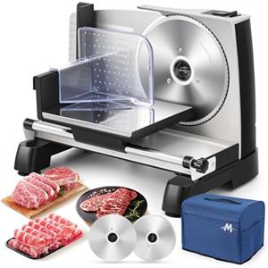 Moongiantgo Affettatrice Elettrica da Casa, Affettatrice Professionale con Blocco di Sicurezza, Spessore Regolabile 0-18mm, 2x Lama in Acciaio Inox da 19cm per Carne/Pane/Formaggio/Verdura (200W)