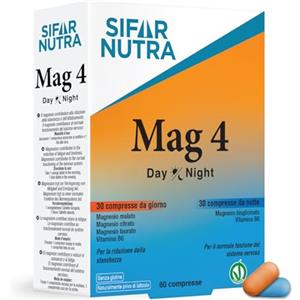 SIFAR NUTRA Mag 4 Day&Night |magnesio completo|quattro sali di magnesio elementare e la vitamina B6 | integratore antistress e fatica|senza glutine e lattosio | compresse giorno e notte |60 compresse