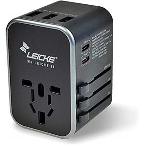 LEICKE Adattatore universale da viaggio,con fusibile di riserva,adattatore da viaggio per 3 connessioni USB A e 2 di tipo C e 1PD/QC e 1 Presa CA per oltre 224 paesi con spine USA/EU/UK/AUS