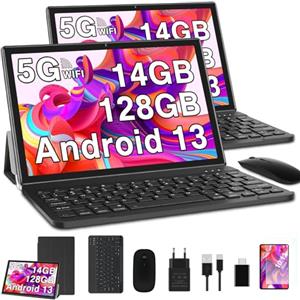 GOODTEL 2024 Newest Tablet 10 Pollici 14GB RAM+128GB ROM (1TB TF),Android 13 Tablets,5G + 2.4G WiFi,Bluetooth 5.0,GPS,Batteria 8000mAh,Google GMS,8MP+5MP,Tablet PC con Custodia,Tastiera e Mouse,Nero