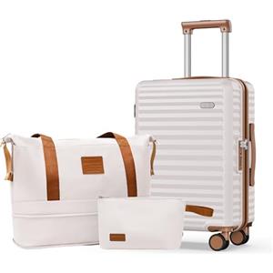 SHOWKOO Valigia Rigide Piccola Cabin Trolley da Viaggio 100% PC Valigia Bagaglio a Mano Durevole Ultra Leggero con Borsa da Toilette e Borsa da Viaggio, M -Beige Bianco