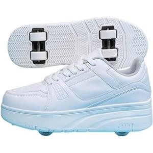 Xisnuient Scarpe Con Ruote Per Bambini E Bambine, Pattini A Rotelle Per Bambini Con 4 Ruote, Pattini A Rotelle 2 In 1, Scarpe Da Skateboard Multifunzione, Pattini A Rotelle (39EU,Bianco)