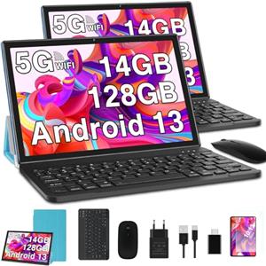 GOODTEL 2024 Newest Tablet 10 Pollici 14GB RAM+128GB ROM (1TB TF), Android 13 Octa-Core, 5G + 2.4G WiFi, Bluetooth 5.0, GPS, 8000mAh, GMS Certified, 8MP+5MP, Tablet PC con Custodia, Tastiera e Mouse, Blu