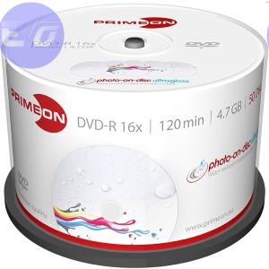 PRIMEON DVD-R 4,7GB 16x Cake 50pz - Superficie Ultraglossy Waterproof, Stampabile