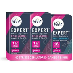 Veet Expert Mix Strisce Depilatorie, Ceretta Gambe e Corpo per Pelli Normali (24 Strisce) e Ceretta Ascelle e Zona Bikini per Pelli Sensibili (16 Strisce) + 7 Salviette Post-Epilazione