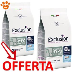 Exclusion Dog Hydrolyzed Hypoallergenic Adult Medium Large Breed Pesce e Amido di Mais - Offerta [PREZZO A CONFEZIONE] Quantità Minima 2, Sacco Da 12 Kg