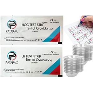 PataPac - 50 Test di Ovulazione e 6 Test di Gravidanza canadesi - Test Lh Ultra Sensibili e bicchierini per urina Test precoce hcg 10 mIu/ml e Stick Fertilità