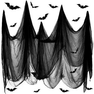 CZMAO Halloween Decorazioni, Panno Inquietante di Halloween,12 Pezzi Pipistrello Falso 3D Neri, Ragnatela Nera Filato di Cotone Festa di Halloween Decorazioni 215 x 500 cm