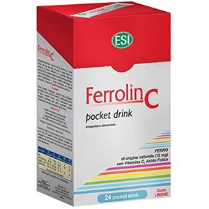 ESI - Multicomplex Ferrolin C, Integratore Alimentare di Ferro, Utile in Caso di Carenza, Contrasta la Stanchezza e Contribuisce allo Sviluppo di Globuli Rossi, Senza Glutine e Vegan, 24 Pocket Drinks