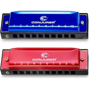 Conjurer Blues C-Dur Set di 2 armoniche a bocca per principianti, bambini, Blues Harp C, 10 fori, strumenti per armonica diatonica, in metallo, con foglia in ottone di alta qualità, set di armonica,