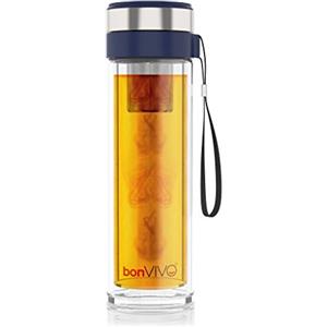 bonVIVO VitaliTEA Bottiglia Infusore Tè - Teiera con Filtro in Acciaio Inox - Bottiglia Detox in Vetro Borosilicato a Doppia Parete Isolante, 450 ml - Borraccia Termica Portatile Blu