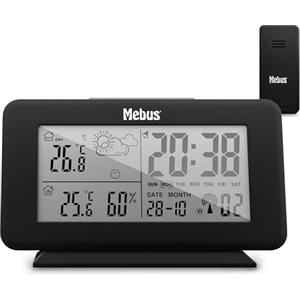 MEBUS digitale Funk Wetterstation mit Außensensor, Thermometer innen/aussen, Temperatur, batteriebetrieben, Wettervorhersage, Farbe: Schwarz, Modell: 40689