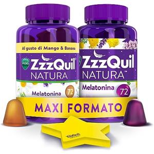 ZzzQuil Natura Integratore con Melatonina pura ed Estratti Di Valeriana Per Dormire, Camomilla e Lavanda, Maxi Formato 2x72 Pastiglie Gommose