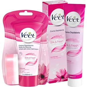 Veet Crema Depilatoria Silk & Fresh 200ml Con Spatola di Applicazione/Rimozione + Crema Depilatoria Sotto la Doccia con Spugna di Applicazione/Rimozione Kit per Pelli Normali 150ml - 2 Flaconi