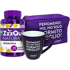 ZzzQuil Natura, Melatonina pura Per Dormire, Integratore con Estratti Di Valeriana, Camomilla e Lavanda, 72 Pastiglie Gommose + Gift Pack con Pochette e Tazzina, Gusto Frutti di Bosco