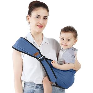 Qooloo Marsupio Neonato 0-36 Mesi Baby Carrier Blu, Fascia Porta Bebe Regolabile 130-170 mm con Spallacci Anti Compressione, Tessuto Elastico Comodo per Movimento Bimbo, Cuscino Estendibile, Fino a 30 kg