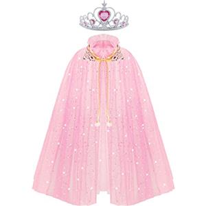 ACWOO Mantello da Principessa, Mantello Vestito da Principessa Bambina con Corona, Mantello con Paillettes Lucide Principessa Costume per Cosplay Party Halloween (Rosa, M)