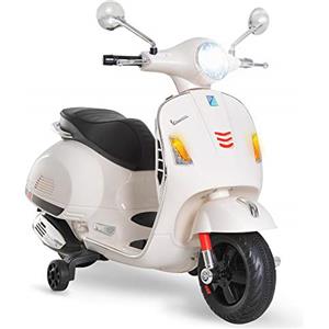 HOMCOM Vespa Moto Elettrica per Bambini, 6V Motorino Elettrico per Bambini 3-6 Anni con Musica MP3 USB Scheda TF, Ruote di Supporto, Luci e Suoni, 2-3km/h, 102x50.5x75.5 cm, Bianco