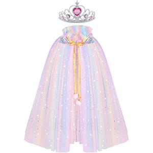 ACWOO Mantello da Principessa, Mantello Vestito da Principessa Bambina con Corona, Mantello con Paillettes Lucide Principessa Costume per Cosplay Party Halloween (Iridescente, M)