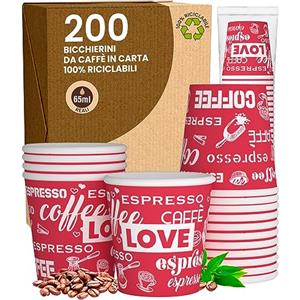 Baciato Caffè 200 Bicchierini in Carta da caffè 65ml LoveRedCUP Bicchieri Ecologici Biodegradabili Monouso Piccoli Asporto Bevande Calde