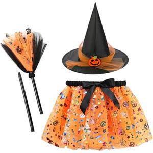 JINGTOPS 3pz Set Vestito Strega Halloween Bambina,Zucca Gonna Tulle Costume Halloween con Cappello Strega Donna e Scopa,Giochi Bambini 3-8 Anni,Accessori Bambina Carnevale Accessori