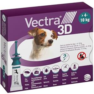 VECTRA 3D Antiparassitario per Cane 3 Pipette Antipulci Antizecche e Antizanzare per cani da 4 a10 kg Protegge da Pulci Zecche Flebotomi e Mosche.