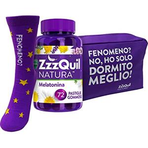 ZzzQuil Natura, INTEGRATORE per DORMIRE con MELATONINA PURA ed Estratti Di Valeriana, Camomilla e Lavanda, 72 Pastiglie Gommose, Gusto FRUTTI DI BOSCO + CALZINO INCLUSO