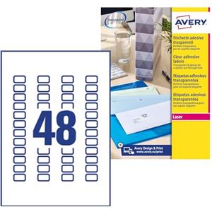 Avery L7553-25 Etichette Autoadesive Trasparenti Lucide - 22x12,7 mm, 1200 pz, Poliestere, Adesivo Permanente, Compatibili con Stampanti Laser