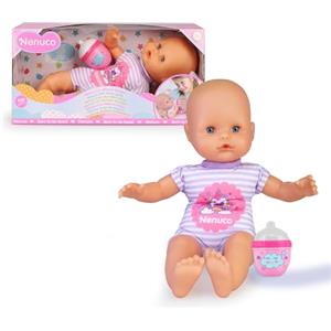 Nenuco -con biberon, bambola morbida con biberon sonaglio e con un pigiama a righe con stampa di unicorni, per bambine/I dai 12 mesi, (Famosa NFN87000)