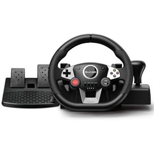 VooFun Volante PC con Pedali, Volante Gaming a 270° Compatibile con PC/ PS4/ Switch/ PS3/ Xbox One/Xbox 360, Racing Wheel con Pulsanti Programmabili, Feedback con Vibrazione, Nero