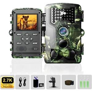 Lutranstra Fototrappola, Fototrappola Notturna 2.7K/58MP HD, Rilevatore di Movimento, Visione Notturna, Tempo di Attivazione 0.2S, Foto Trappola con Scheda SD da 32 GB e Lettore di Schede