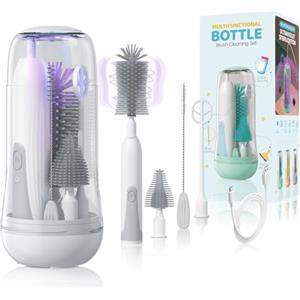 Orzbow Set Scovolino Biberon Elettrico Portatile con Sterilizzatore, Schiumalatte Elettrico, Spazzola Ciuccio e Cannuccia, Accessori Utili per Neonato, Grigio Elegante