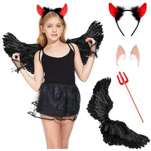 Herefun Ali Angelo Nero, 4pcs Ali da Diavolo Bambina con Aureola, Bacchetta Magica e Orecchie da Elfo, Halloween Ali Piuma Nero, Ali da Angelo Decorative Per Feste in Maschera Cosplay