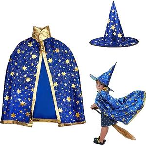 AIXIMA Mantello Da mago Di Halloween, Costume Da Mago Per Dambini,Costume Di Halloween,mantello da strega con cappello, per festa di cosplay di Halloween per ragazzo e ragazza (blu)