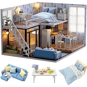 Cuteroom Modello Blue Times Kit fai da te per casa delle bambole in legno, fatta a mano, in miniatura, con luci a LED