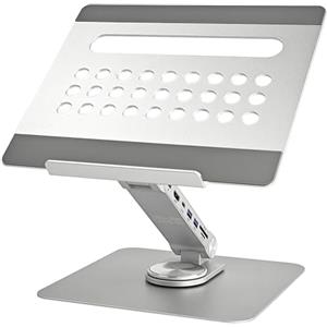 Ewent Supporto per Laptop da Scrivania in Lega di Alluminio, Supporto PC Docking Station 7 in 1 con cavo USB-C, Rialzo per Laptop Ergonomico Regolabile in Altezza con Rotazione 360°, Base Antiscivolo