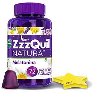 ZzzQuil Natura Integratore con Melatonina pura ed Estratti Di Valeriana Per Dormire, Camomilla e Lavanda, 72 Pastiglie Gommose + Foglietti adesivi stella, Gusto Frutti di Bosco