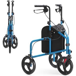HEAO Deambulatore stretto per appartamento in alluminio con 3 ruote, pieghevole, aiuto per camminare leggero con borsa rimovibile per interni ed esterni, blu