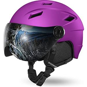 Odoland Casco da Sci Integrale con Visiera, Casco Sportivo per Uomo e Donne, Casco da Snowboard con Maschera UV 400 Proteczione e Antivento, Casco per Sport Invernali, Viola, M