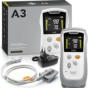 AIESI® Saturimetro da dito Palmare professionale con display a colori e sonda anti-movimento per adulti A3, estremamente preciso, Batteria al litio, Guscio di protezione, Garanzia Italia 24 mesi