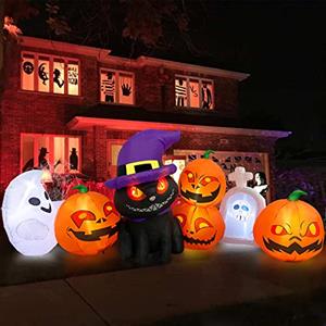 Danxilu Danilu 2,4m Lunghi Gonfiabile Halloween Zucca e Gatto nero con Fantasmi di Lapide, Decorazioni Simpatici per Esterni, Interni, con LED Luminosi, per Festa in Giardino sul Prato