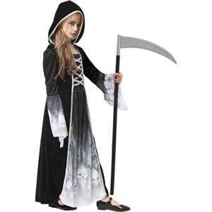 AOLIUP Halloween Costume Morte Bambina - Vestito da Mietitore Scheletro per Ragazza con falce - Costumi Grim Reaper Bambini per Halloween Carnevale Cosplay Festa (XL (10-12 anni))