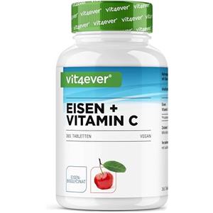 Vit4ever Ferro - 365 compresse da 40 mg di ferro puro + vitamina C naturale - Principale di alta qualità: ferrobisglicinato (ferro chelato) - Alto dosaggio - Vegano