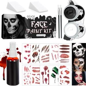 SHOWHEEL Trucco Bianco Nero per Viso, con Sangue Finto e Adesivi per Tatuaggi di Halloween, Halloween Trucco Bianco e Nero, Trucchi Halloween Make Up, Adatto per Zombie Joker Vampiro Trucco